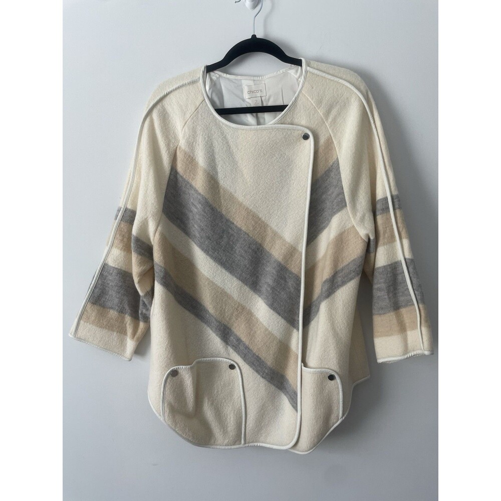 Chico's Yarn Dye Boiled Wool Jacket Faux Leather Trim Pockets Beige Size 2 Flaws